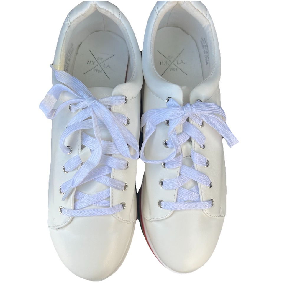 Rainbow White Platform Sneakers with Multicolor Stripes - Picture 2 of 9